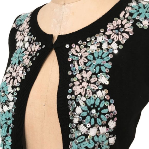 INC Black Bolero Cardigan With Iridescent Sequins & Turq/White Embroidery Size S - Picture 8 of 12